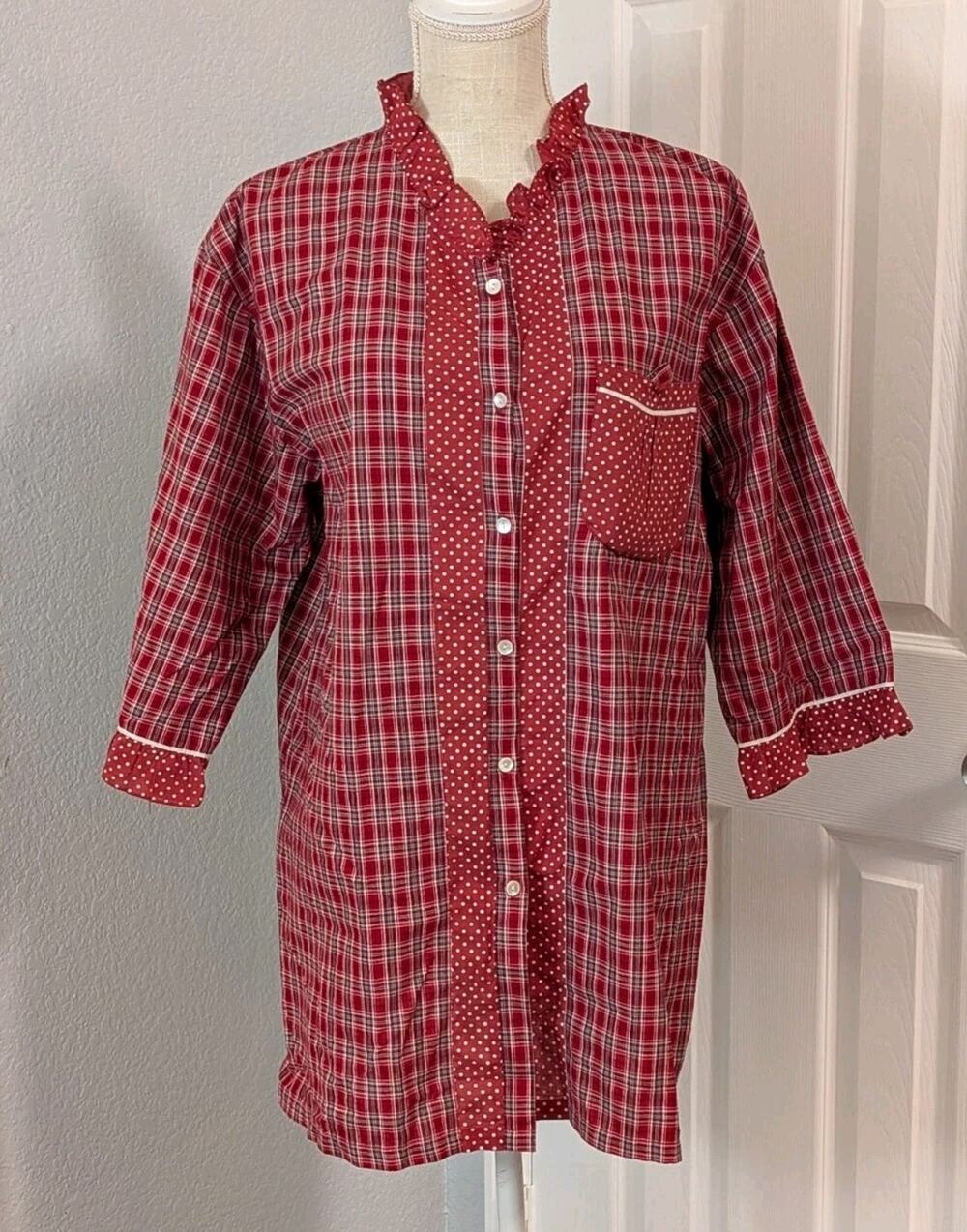 April Cornell Women's M Red Cotton Ruffle Polka Dot Plaid Button Up Tunic Top